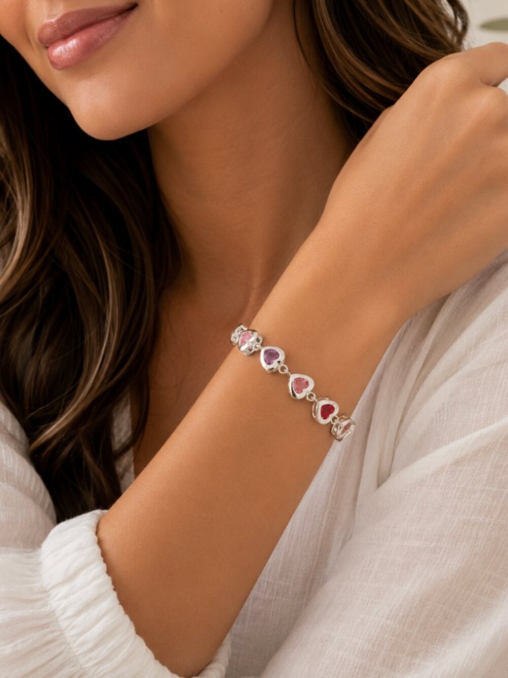 925 Sterling Silver Colorful Gems Heart Charm Bracelet Dainty Heart Bracelet - Picture 6 of 6